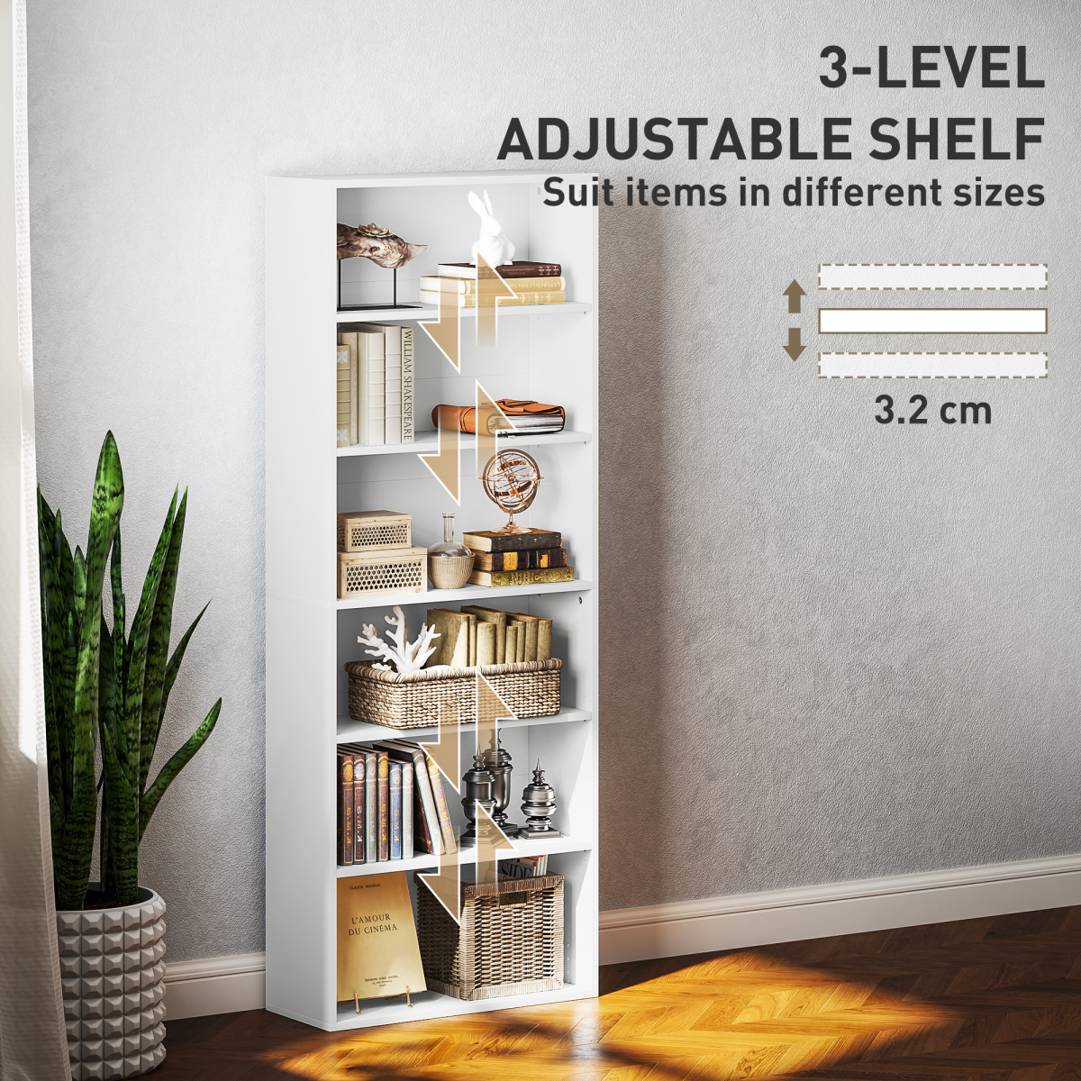 HOMCOM 6-Tier Freestanding White Bookcase with Adjustable Shelves