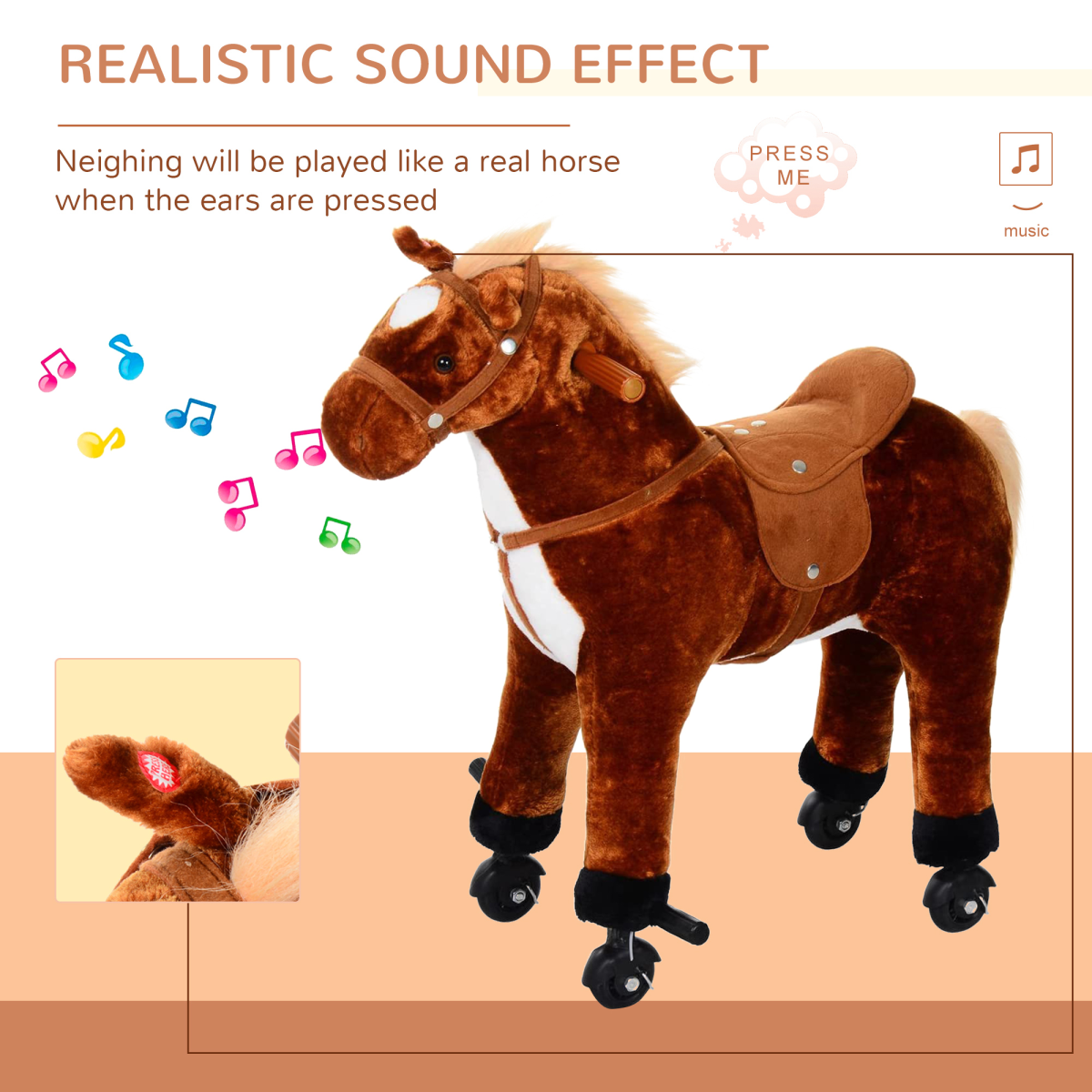 HOMCOM Plush Ride On Walking Horse Toy with Wheels and Sound