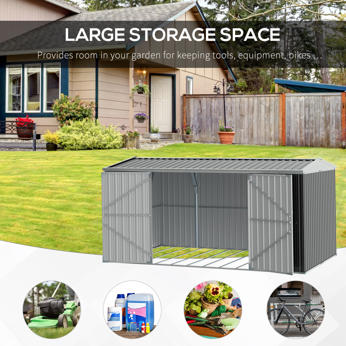Outdoor Garden Storage Shed, Galvanized Steel Tool Storage Box for Backyard, Sloped Roof, Lockable Double Doors, Grey