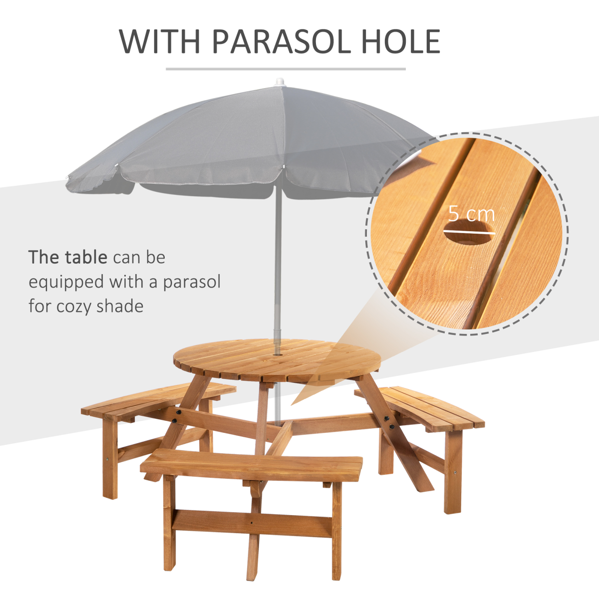 Outsunny Round Wooden Table with 3 Attached Benches and Umbrella Hole, Fir Wood, Outdoor Garden Use