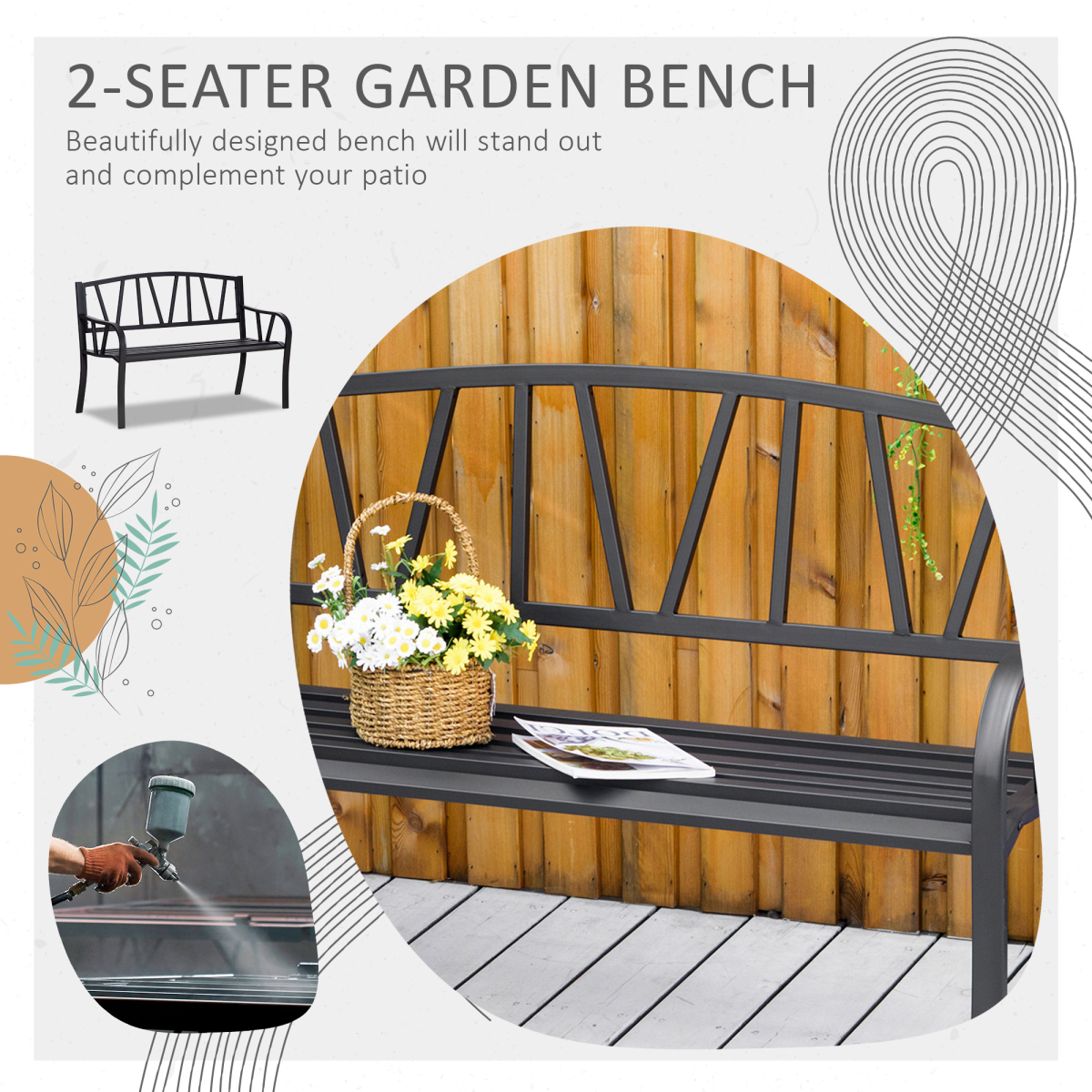 Outsunny 2-Seater Metal Garden Bench Loveseat with Decorative Backrest, Curved Armrests, Slatted Seat, Outdoor Patio Bench