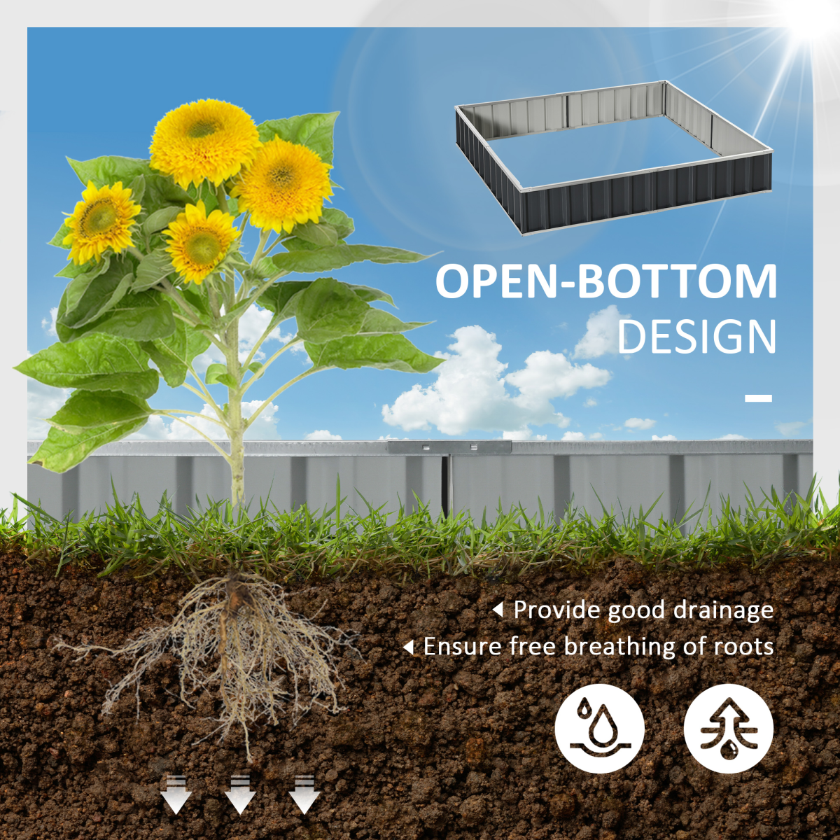 Outsunny Metal Raised Garden Bed Planter Box, 2.6m x 0.9m, No-Bottom Design