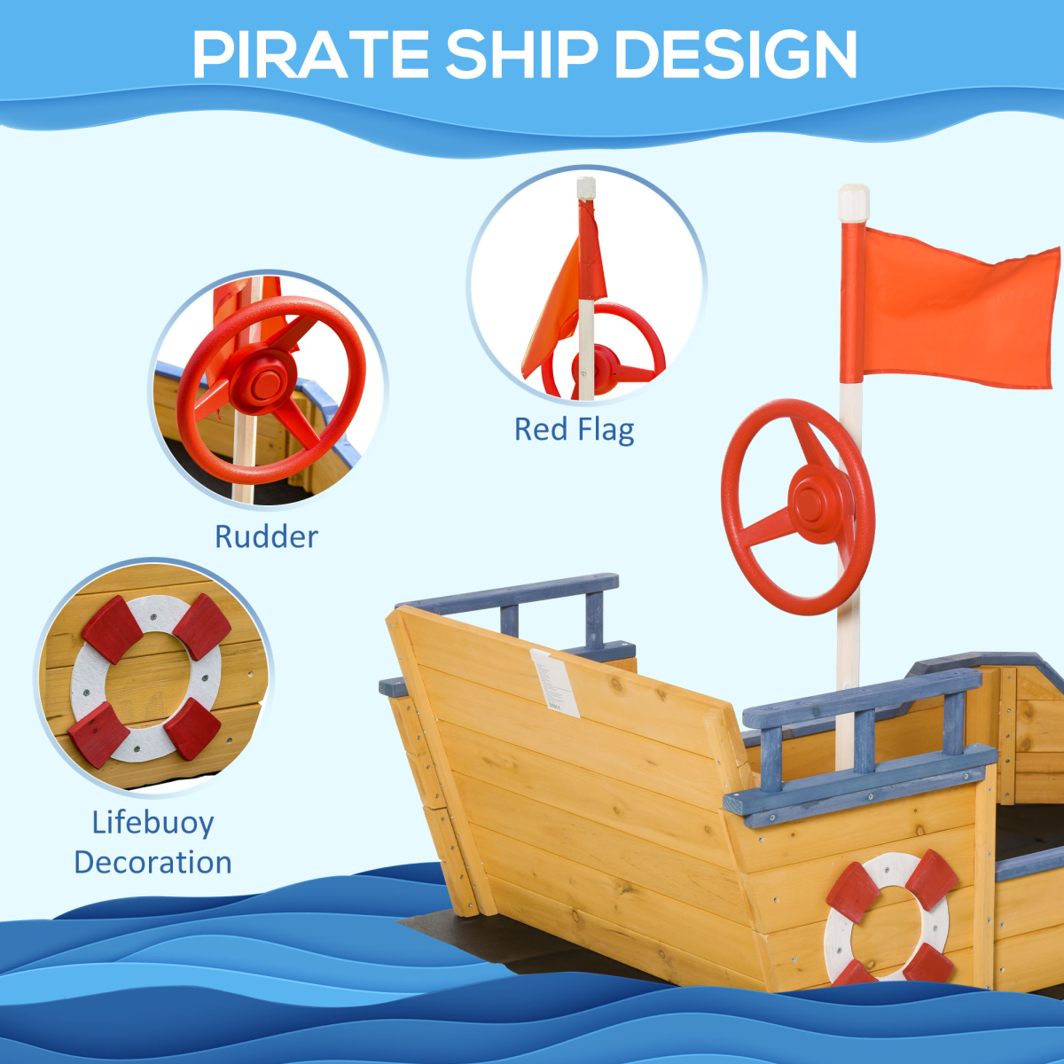 Outsunny Kids Wooden Pirate Ship Sandbox with Bench Seat and Storage Space, Fir Wood Play Boat, Ages 3-6