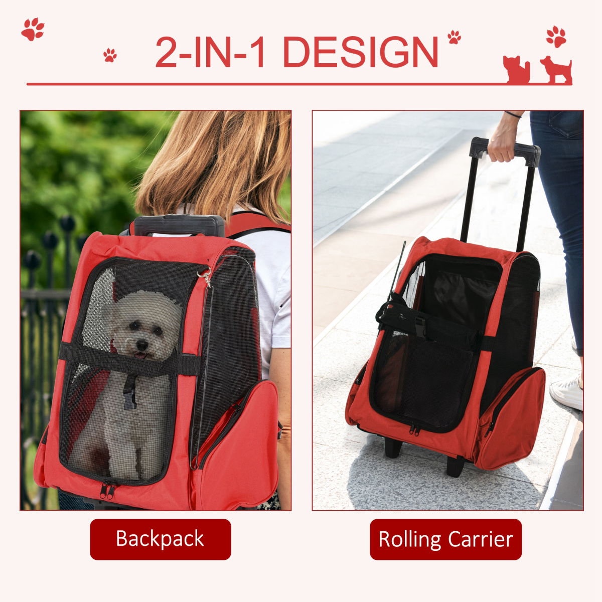 Pawhut Pet Travel Backpack Carrier, 2-in-1 Trolley Bag with Telescopic Handle, 4 Detachable Wheels, Breathable Mesh, Safety Buckle Lock