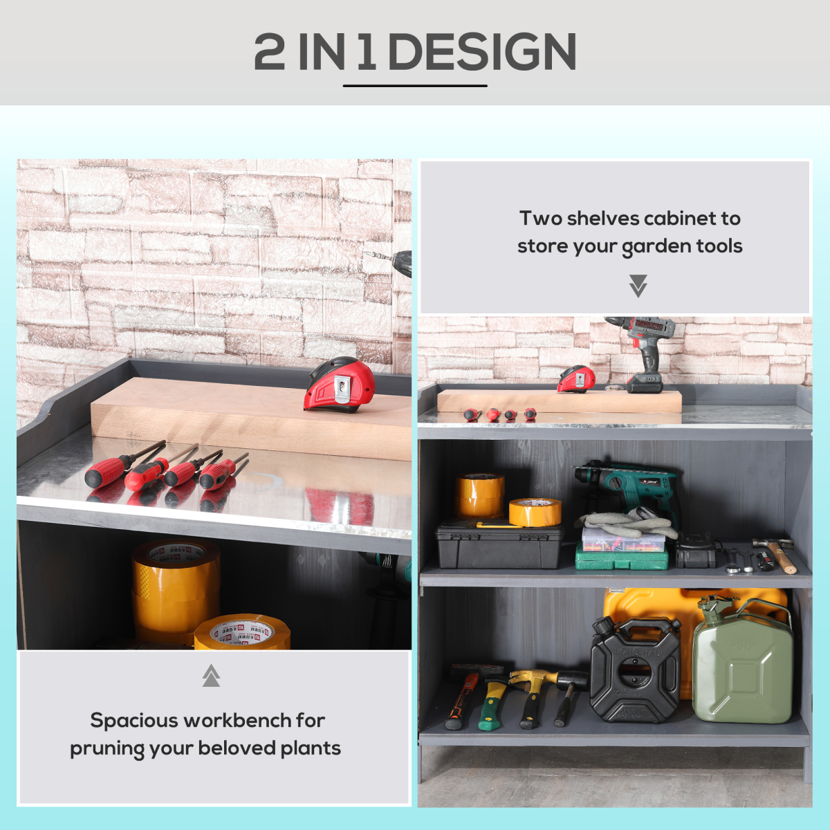 Outsunny Garden Storage Cabinet Potting Bench Table, Grey, Galvanised Metal Surface, Two Shelves, Magnetic Doors, Fir Wood Body