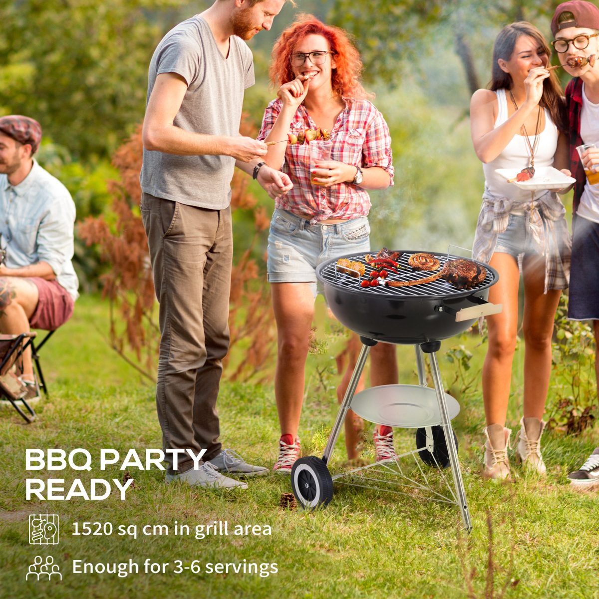 Outsunny Steel BBQ Grill with Porcelain Enamel Lid, One-Touch Cleaning System, Wheels and Bottom Shelf, 85H cm