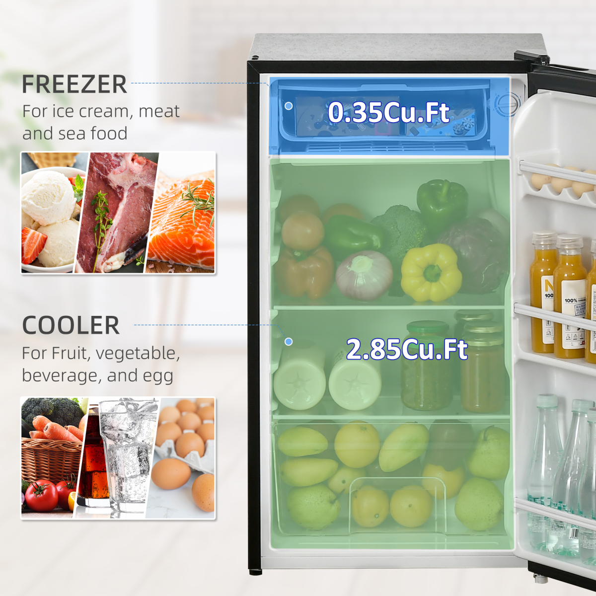HOMCOM 91L Freestanding Under Counter Fridge with Chiller Box, Reversible Door, Black