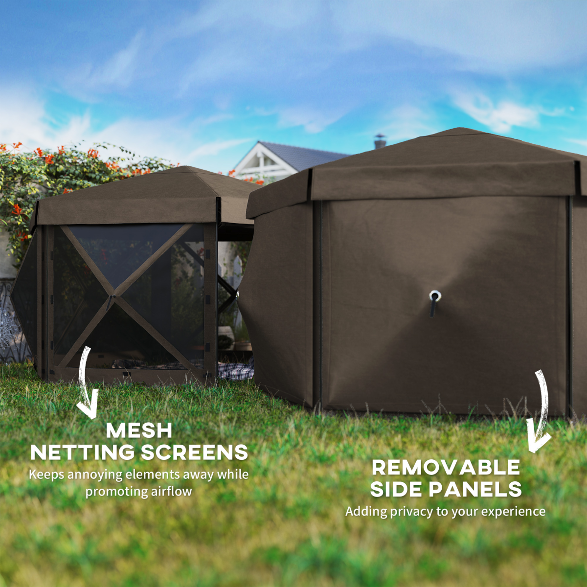 Outsunny 3 x 3m Hexagon Pop-Up Gazebo with Netting, Brown