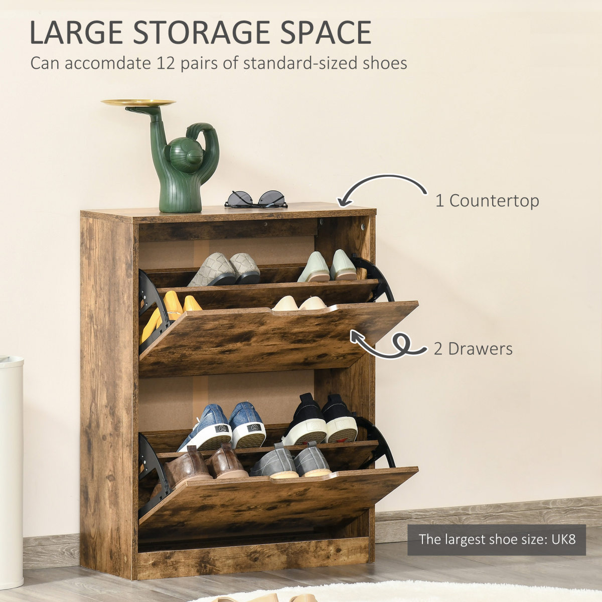HOMCOM 2-Drawer Shoe Cabinet with Flip Doors for Hallway