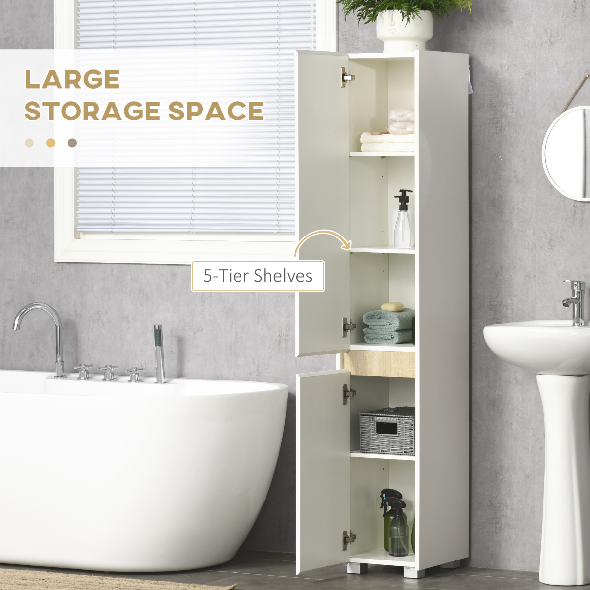 Slim Freestanding Tall Bathroom Storage Cabinet with Adjustable Shelves, Integrated Finger Pull, White
