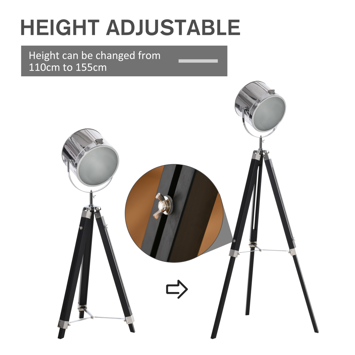 Industrial Adjustable Tripod Floor Lamp with Rotating Searchlight Head