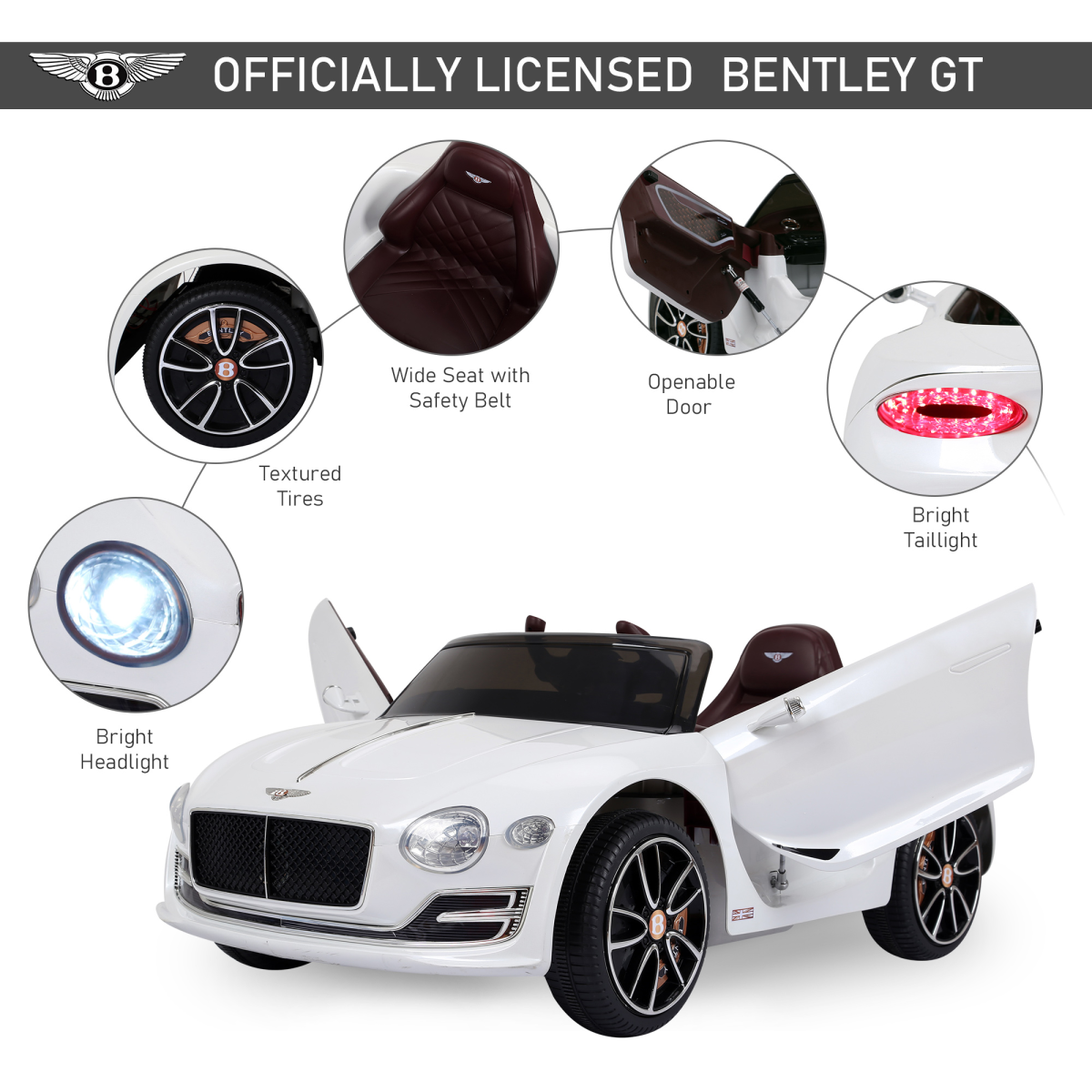 Bentley Style Electric Ride On Car with Twin Motors, Parental Remote Control, LED Lights, MP3 Player and Horn