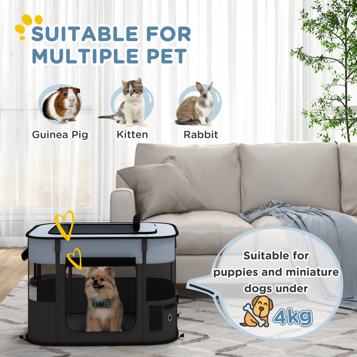 PawHut Foldable Portable Pet Pen for Small Animals, Grey