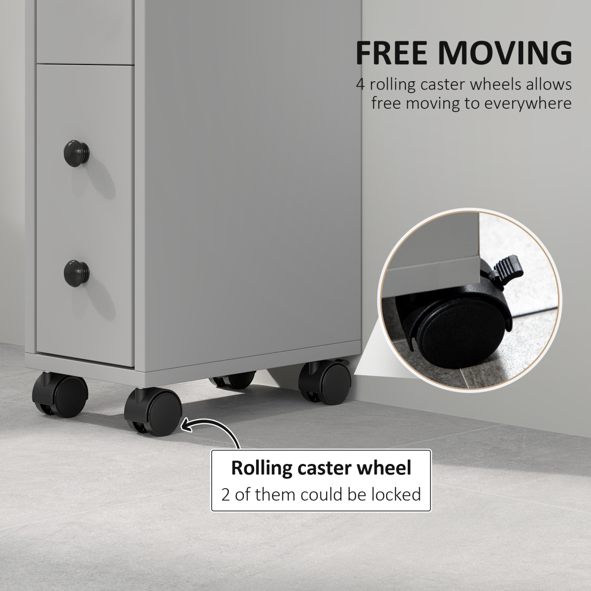 kleankin Slim Grey Bathroom Storage Cabinet with Wheels and Open Compartments