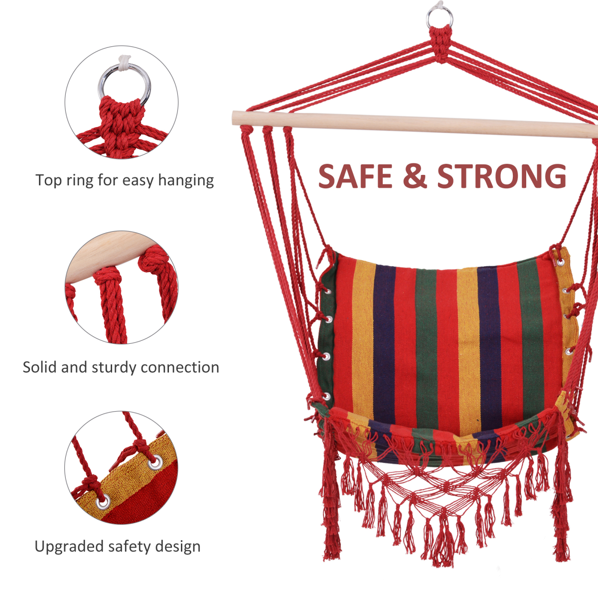 Outsunny Multicoloured Striped Hammock Chair Swing with Wooden Bar