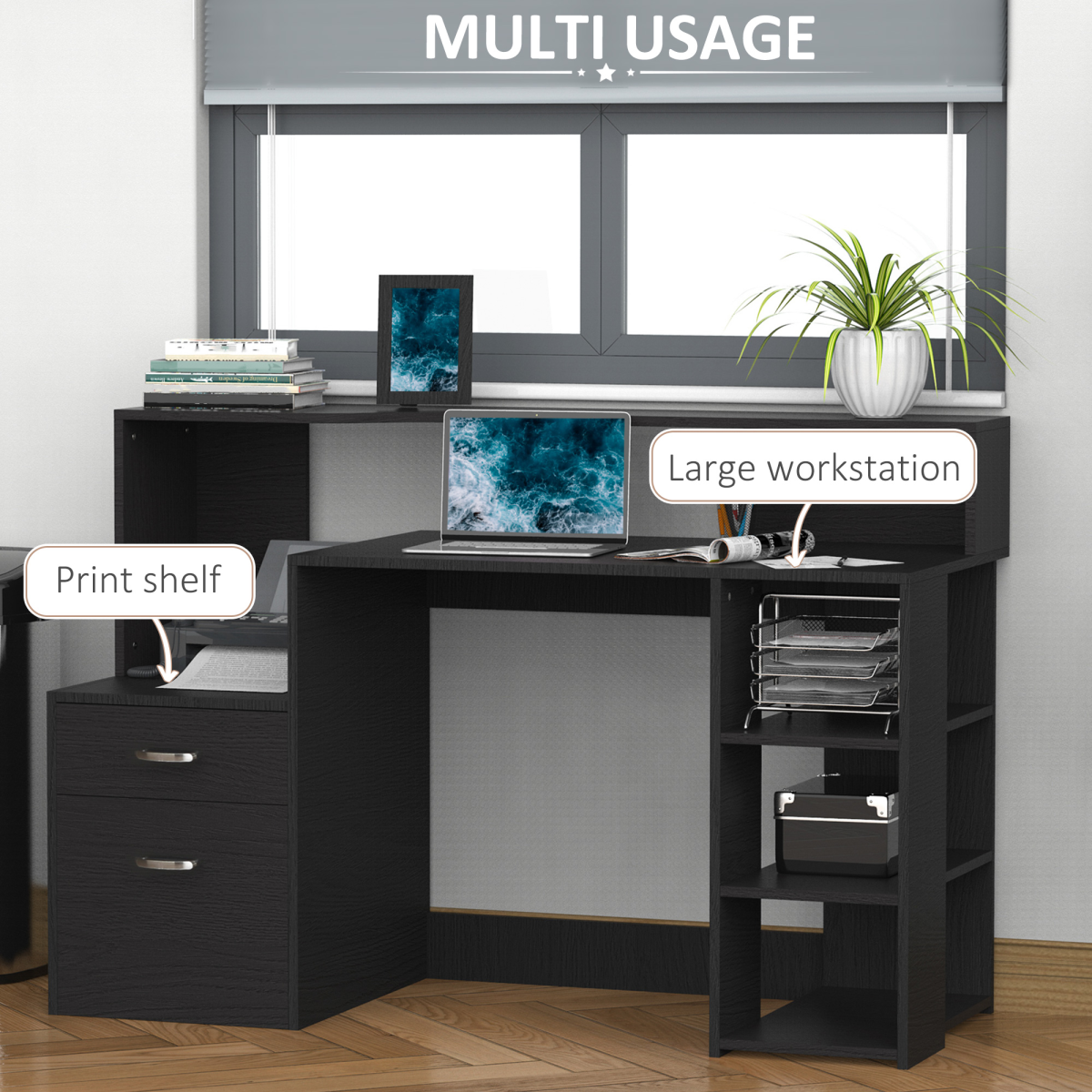 HOMCOM Multi-Storage Workstation Desk Table with Side Shelves, Drawer Cabinet and Printer Space, Black