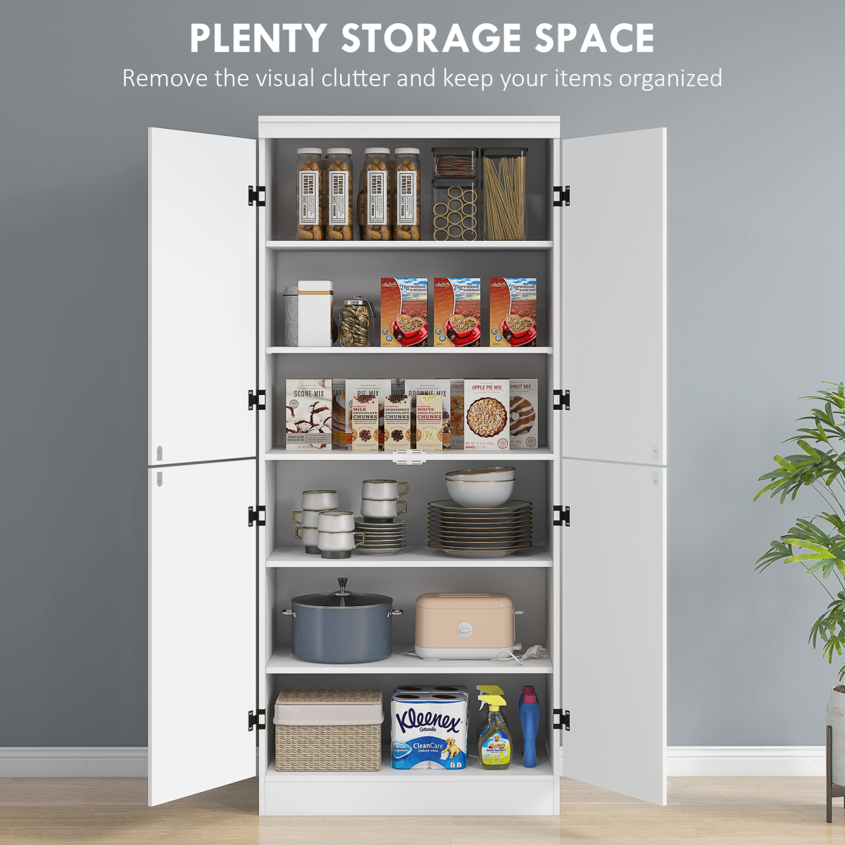 HOMCOM 4-Door Kitchen Cabinet with Shelves, White