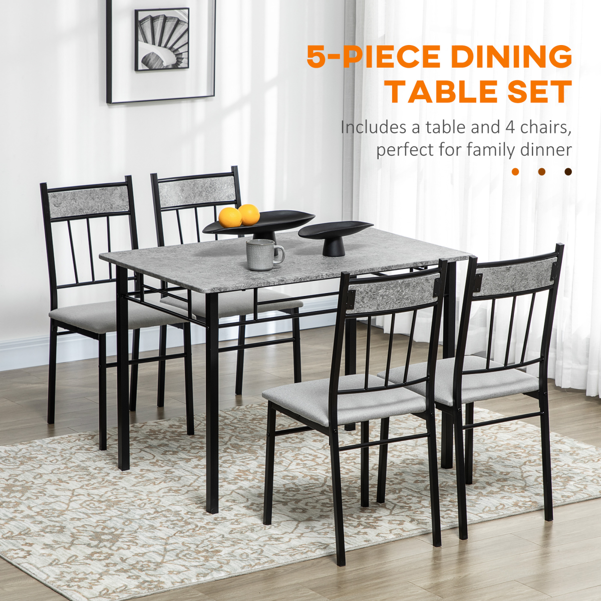 HOMCOM 5-Piece Dining Set, Marble Effect Table & 4 Chairs