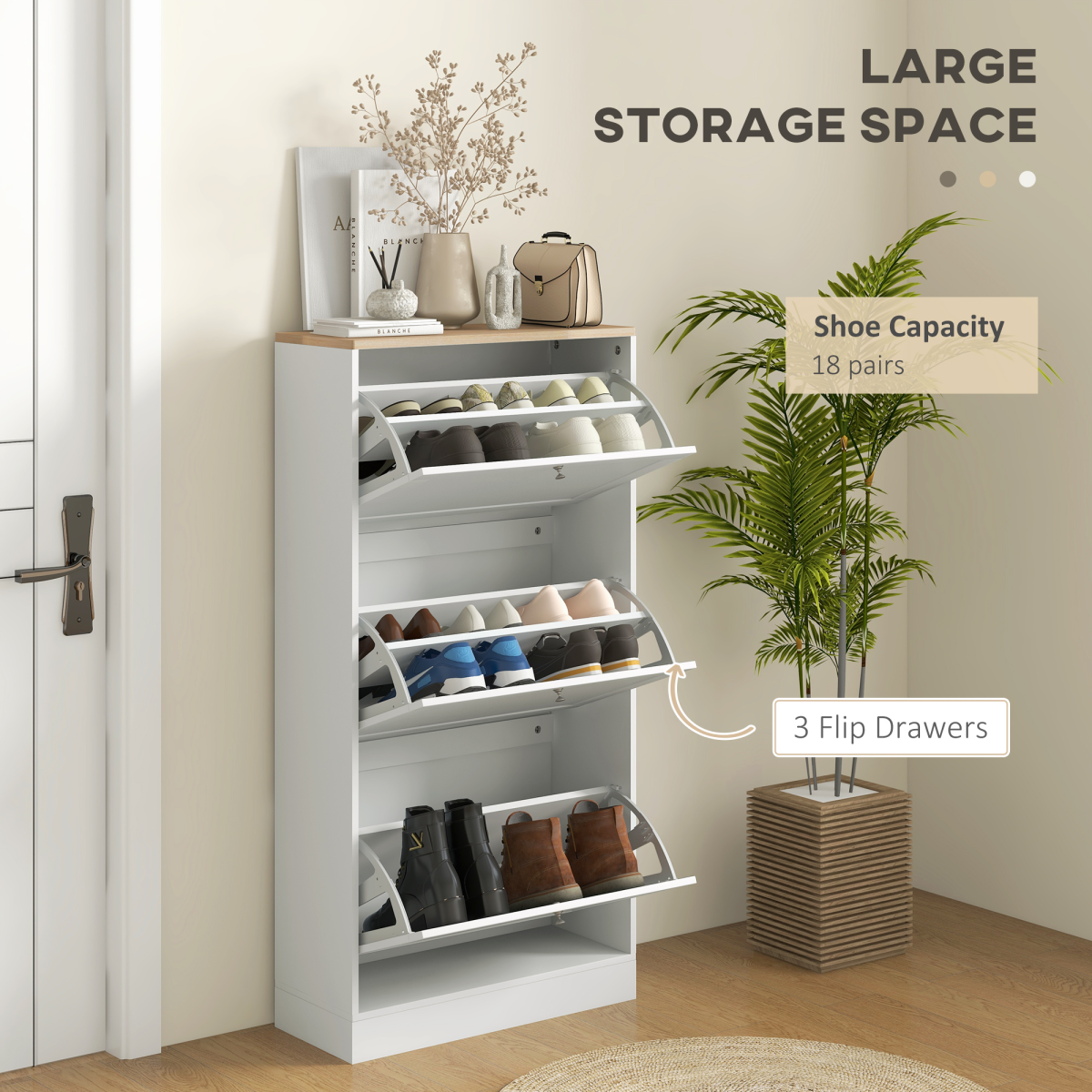 HOMCOM Slim White Shoe Cabinet with 3 Flip Drawers, 18-Pair Storage