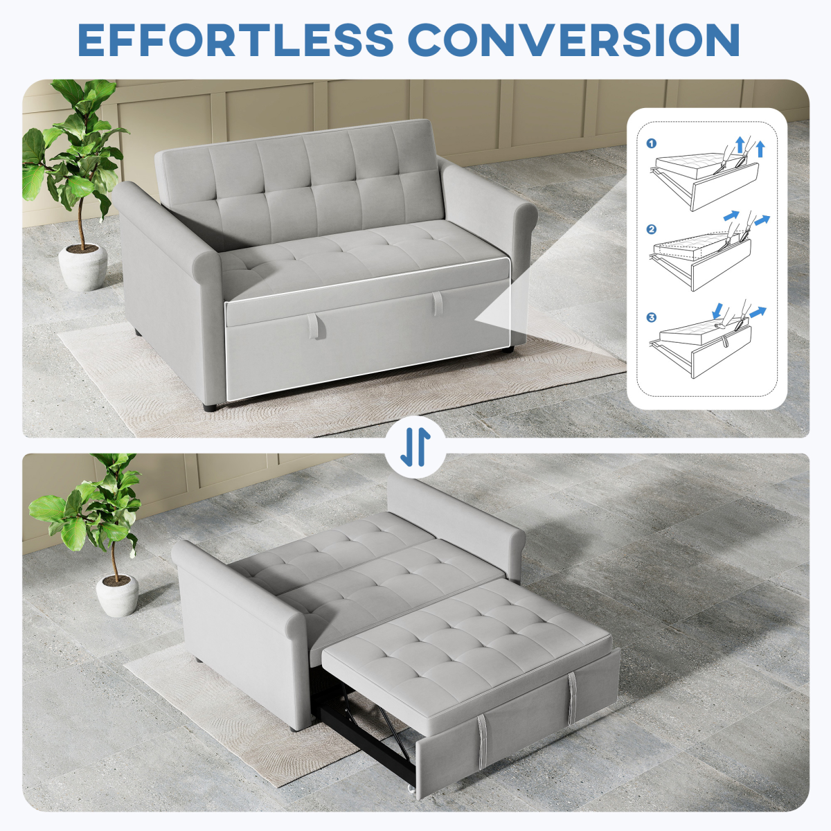 HOMCOM Grey Convertible Pull Out Sleeper Sofa Bed, Two-Seater