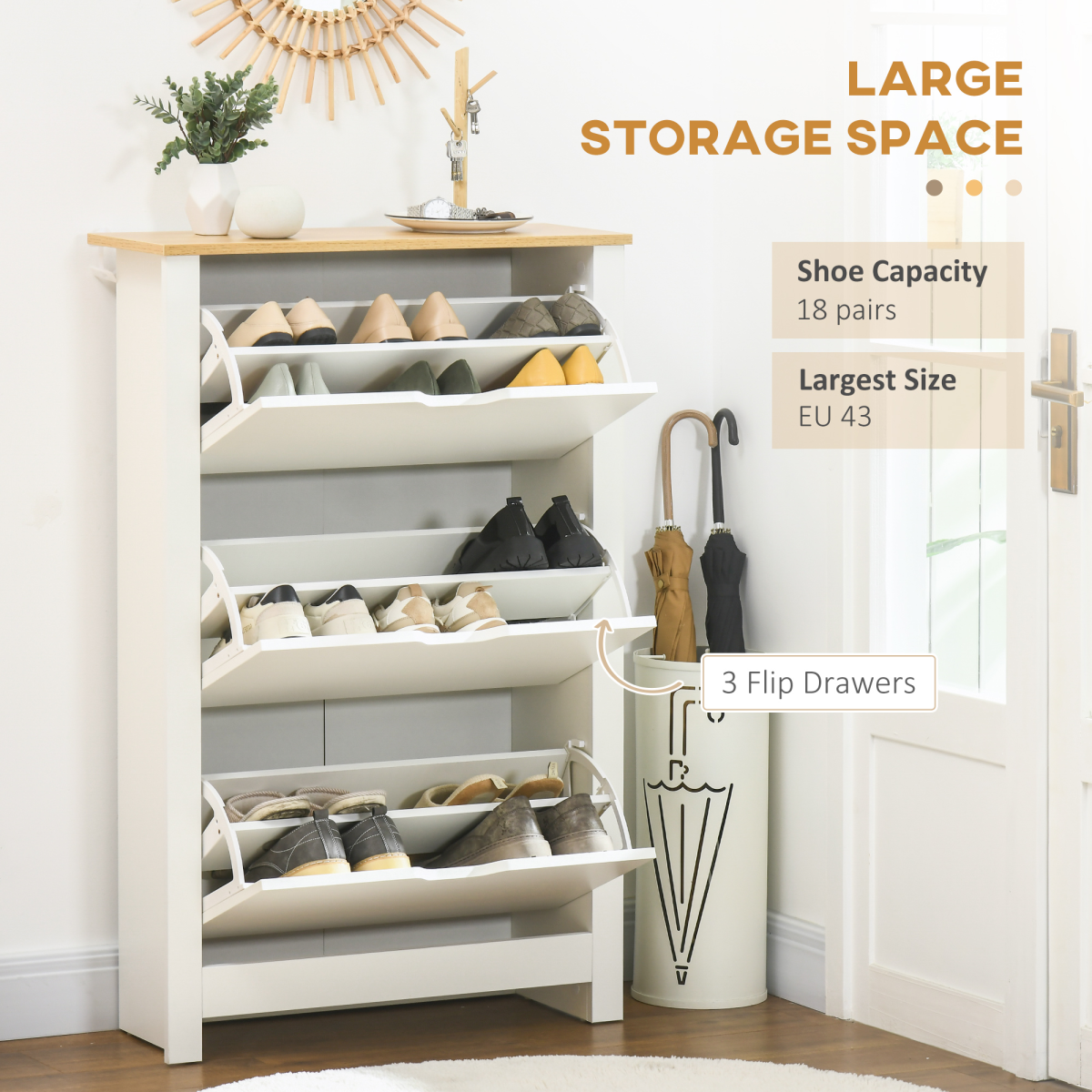 HOMCOM 18-Pair Shoe Storage Cabinet with 3 Drawers, 6 Shelves, White