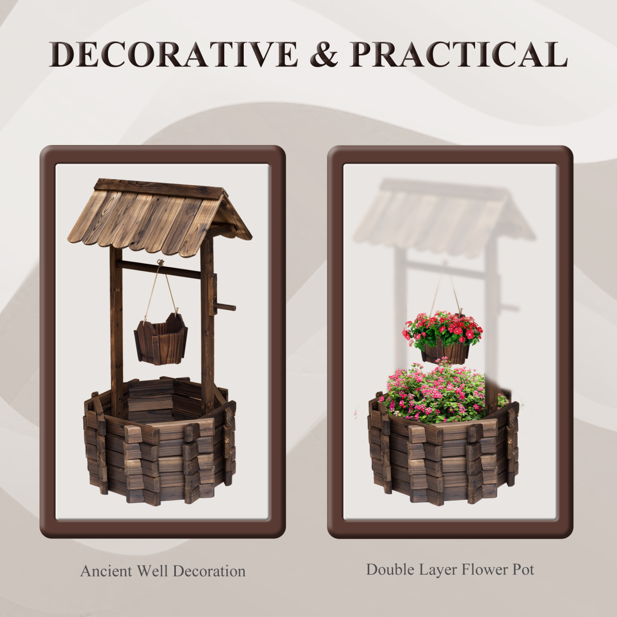 Outsunny Wishing Well Planter Bucket, Brown, 60 x 55 x 114 cm