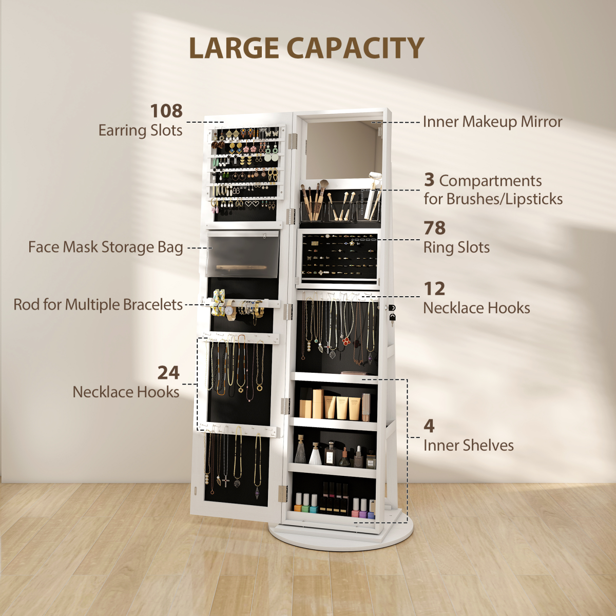 HOMCOM 360° Swivel Jewellery Cabinet Mirror with Storage, White