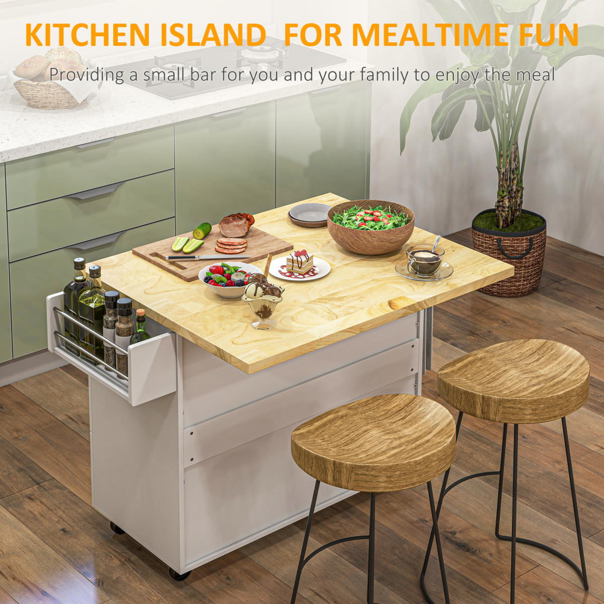 Drop-Leaf Kitchen Island on Wheels Utility Storage Cart with Drawers & Cabinet