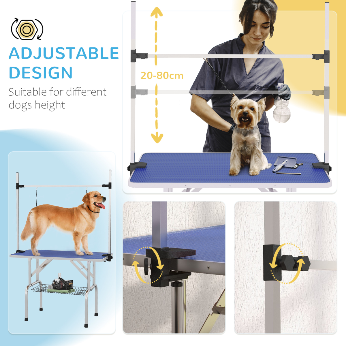 Adjustable Metal Dog Grooming Table with Rubber Top, 2 Safety Slings, Mesh Tray, PawHut