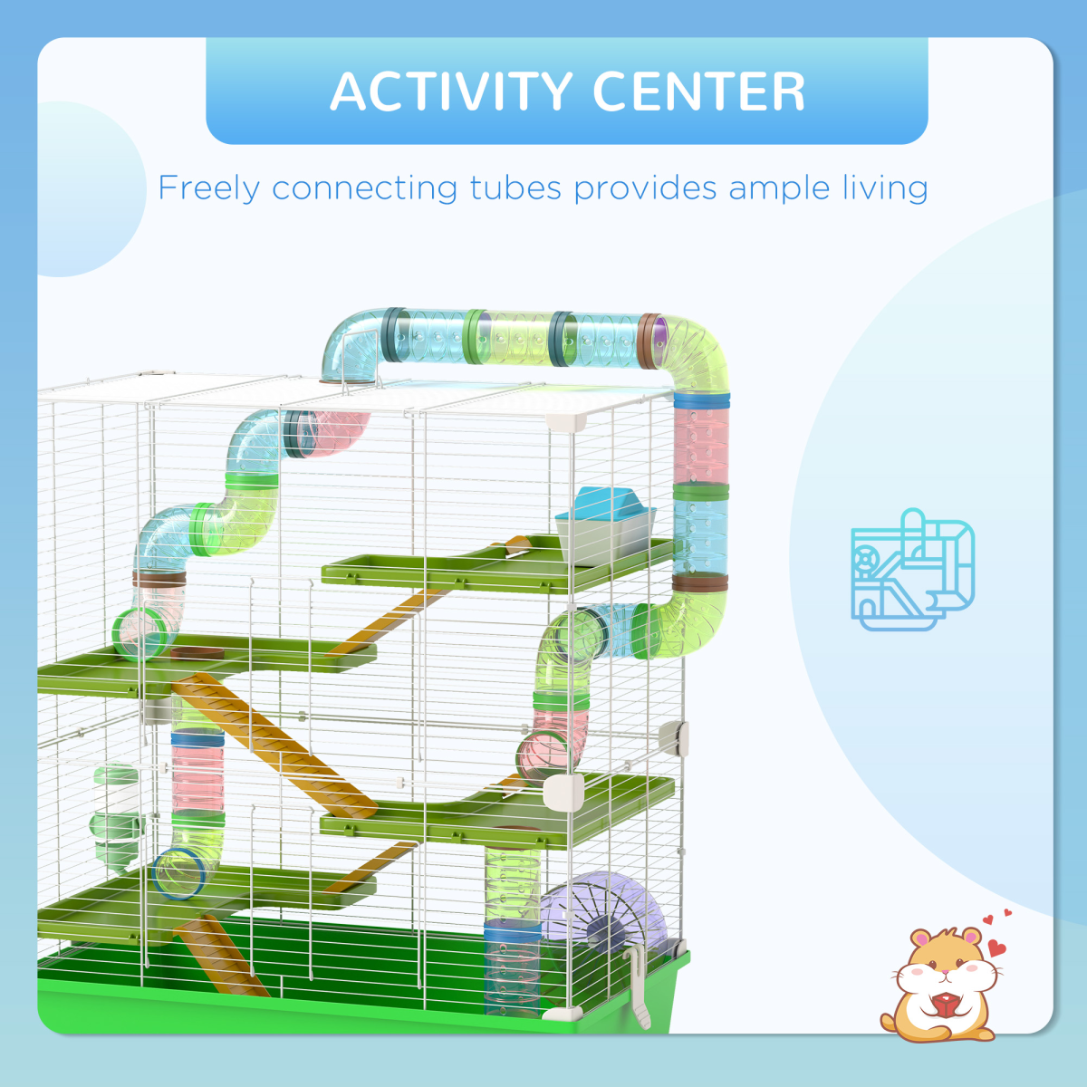 PawHut Hamster Cage with Wheel, Tubes, Ramps & Water Bottle - Green
