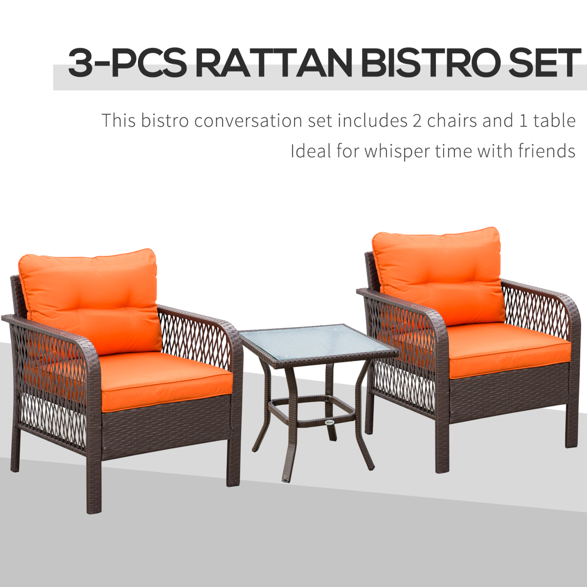 Outsunny 3-Piece Orange Patio Rattan Bistro Set with Cushions & Glass Table