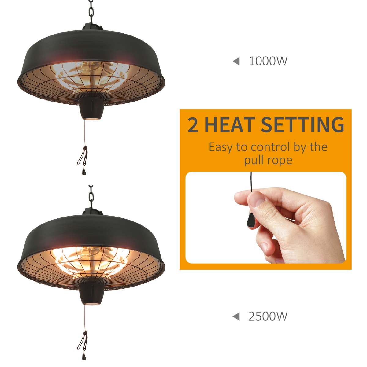 HOMCOM Adjustable Infrared Halogen Ceiling Hanging Heater 1000/2500W Black Aluminium IP24