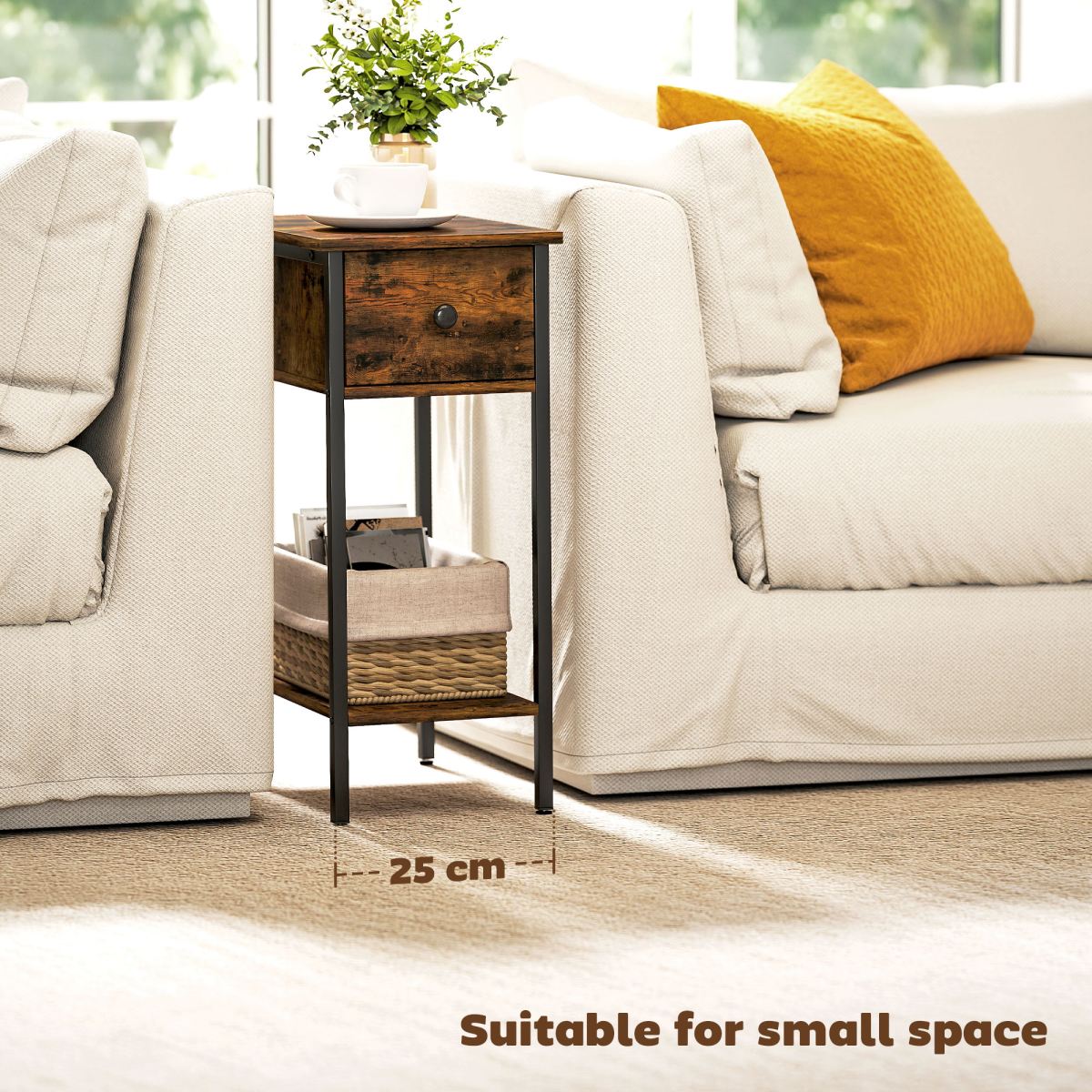 HOMCOM Industrial Narrow End Table with Drawer & Shelf, Rustic Brown