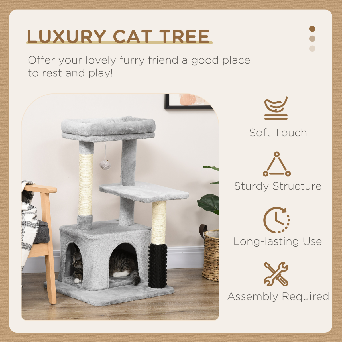 PawHut Cat Tree Climbing Activity Center with Sisal Scratching Surface, Multi-Level Design, Soft-Padded Bed, Hanging Toy, Washable Top Bed