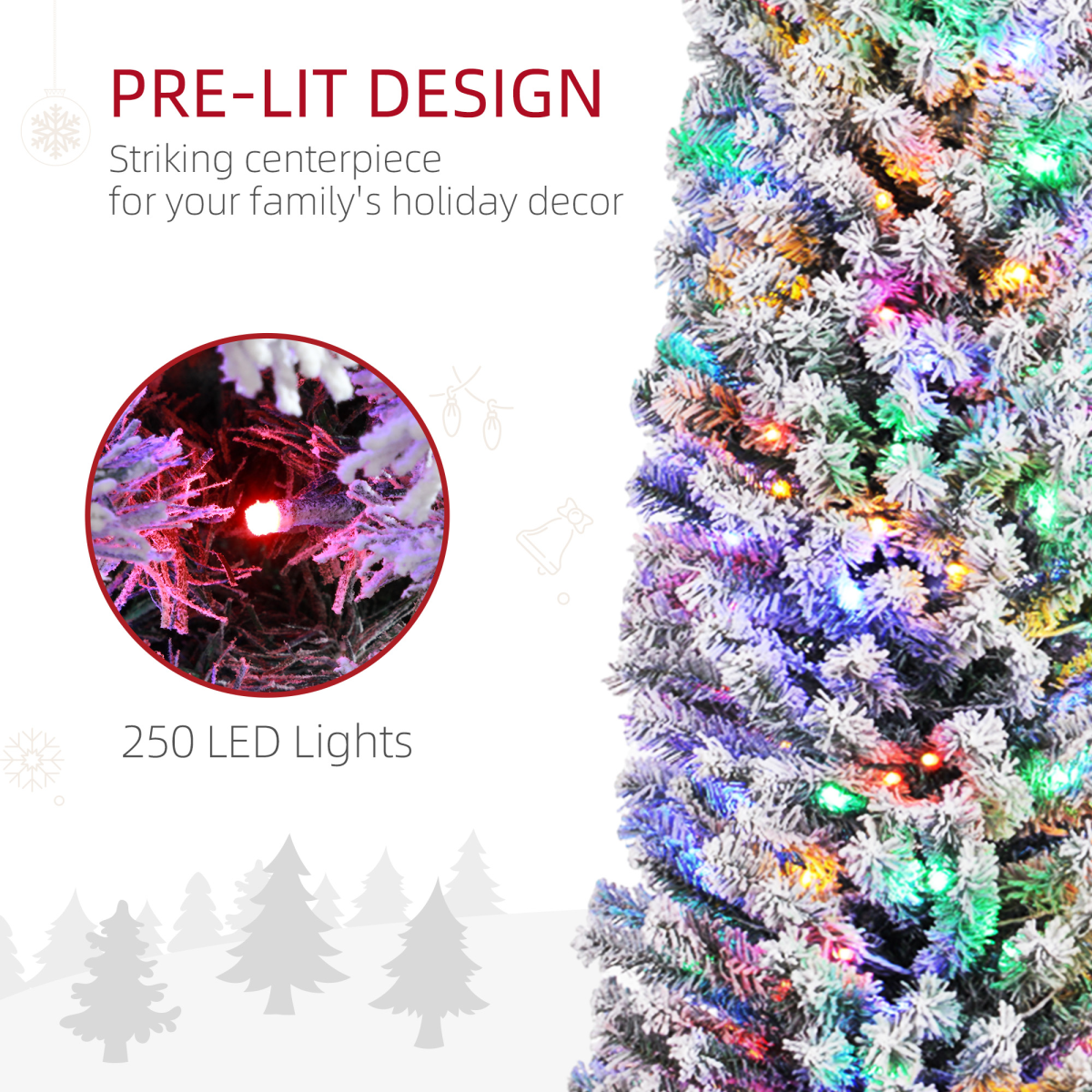 HOMCOM 7ft Artificial Christmas Tree with Flocked Tips, LED Lights & Decorations