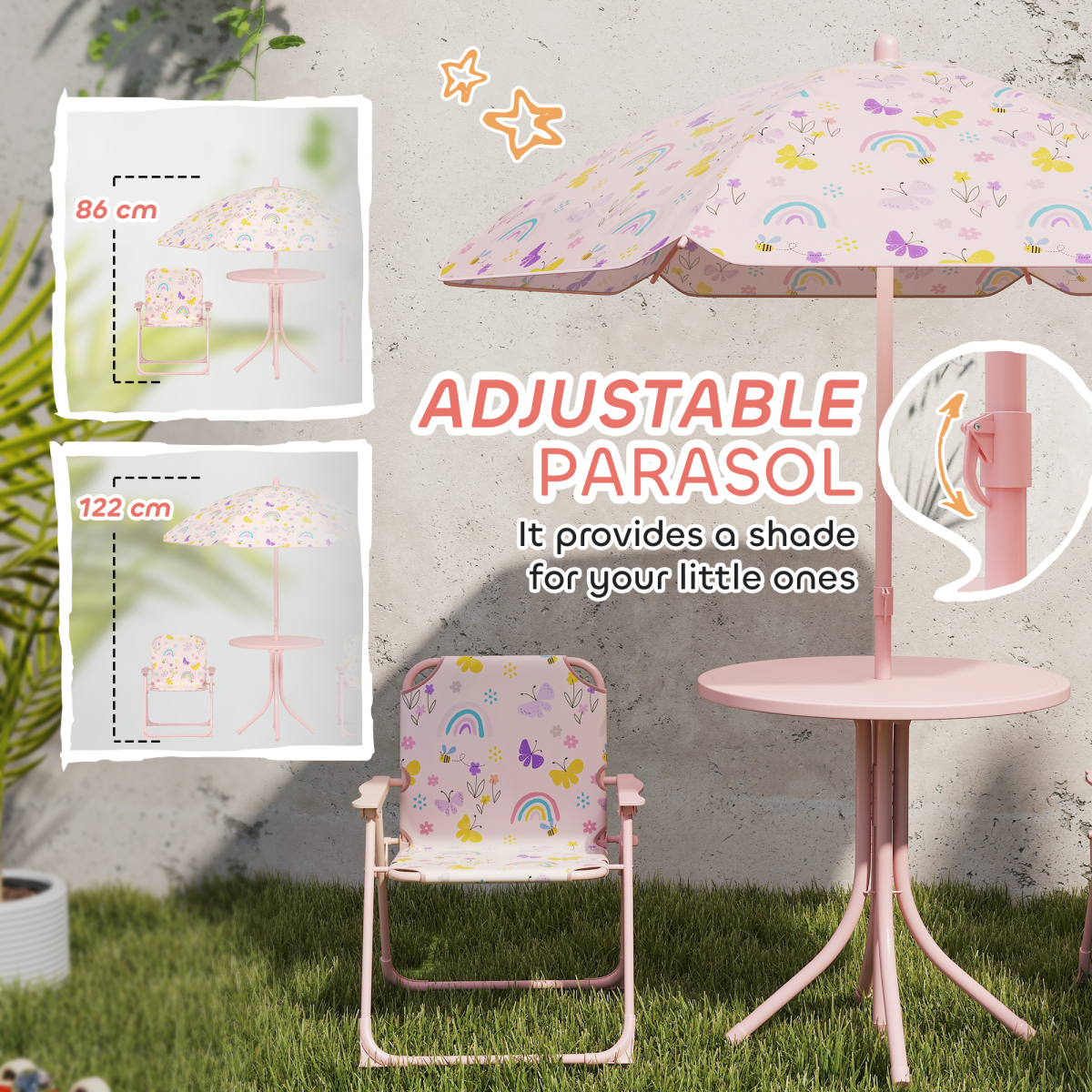 AIYAPLAY Kids Garden Table and Chair Set with Parasol, 4-Piece Outdoor Patio Set, Pink