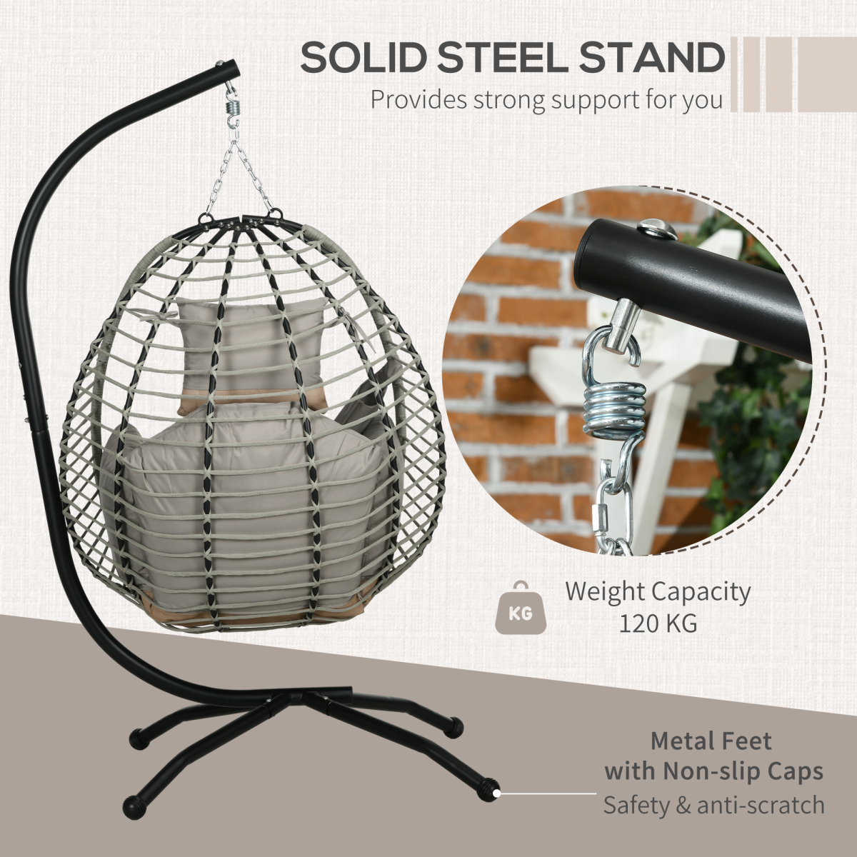 Outsunny Grey Hanging Swing Chair with Thick Cushion and Cup Holders