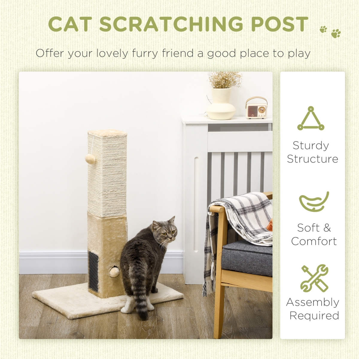PawHut Beige Cat Scratching Post with Carpet Base & Hanging Toy