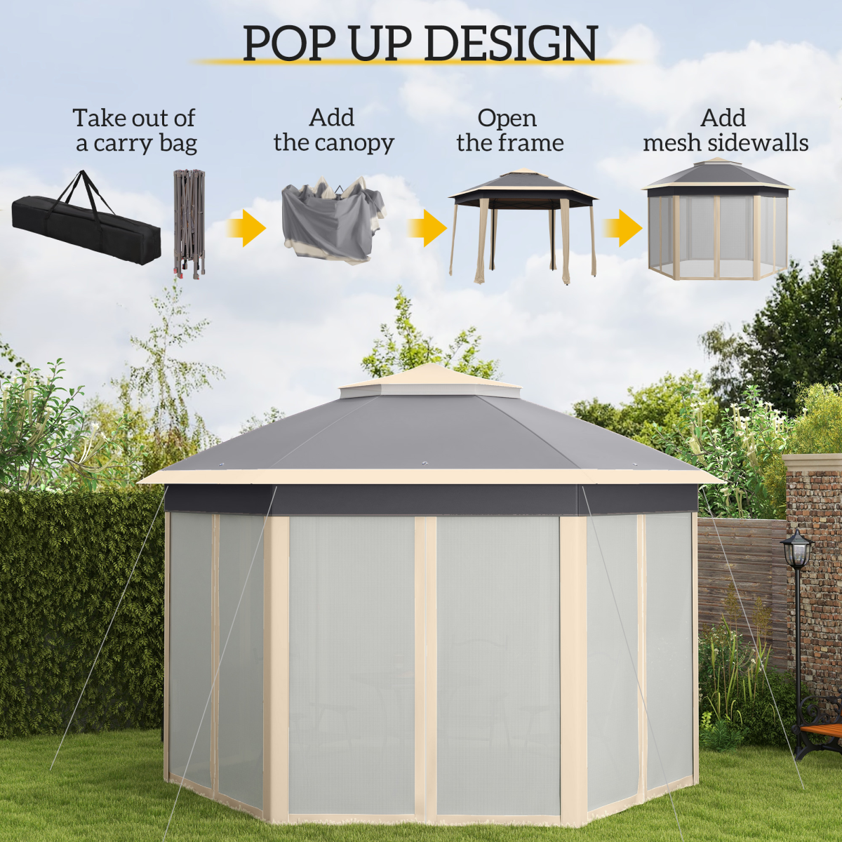 Outsunny 3x4m Hexagon Pop Up Gazebo with Metal Frame and Mesh Curtains, Khaki