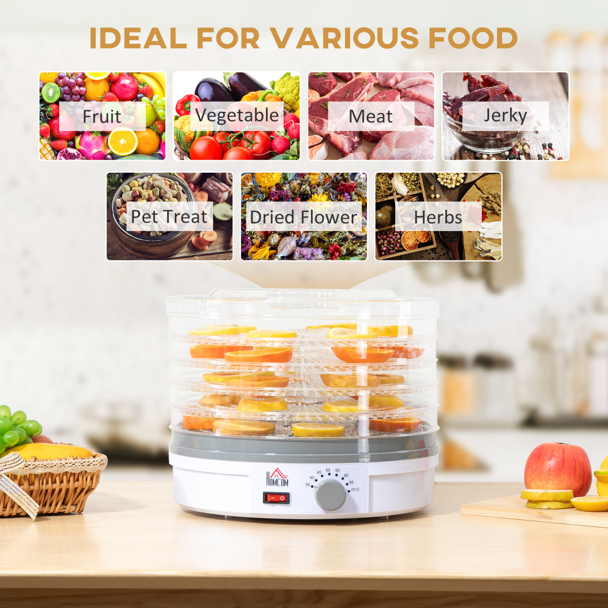 HOMCOM 5-Tier Food Dehydrator, 245W, Stainless Steel, Adjustable Temperature, Timer, White