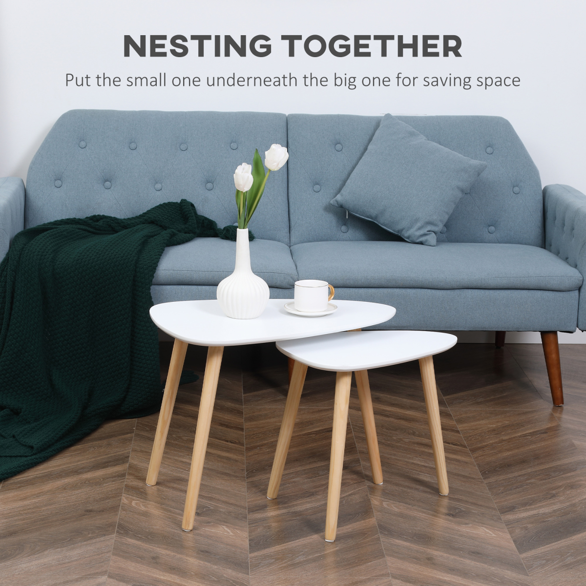 Set of 2 White Nesting Side Tables with Wooden Legs for Living Room