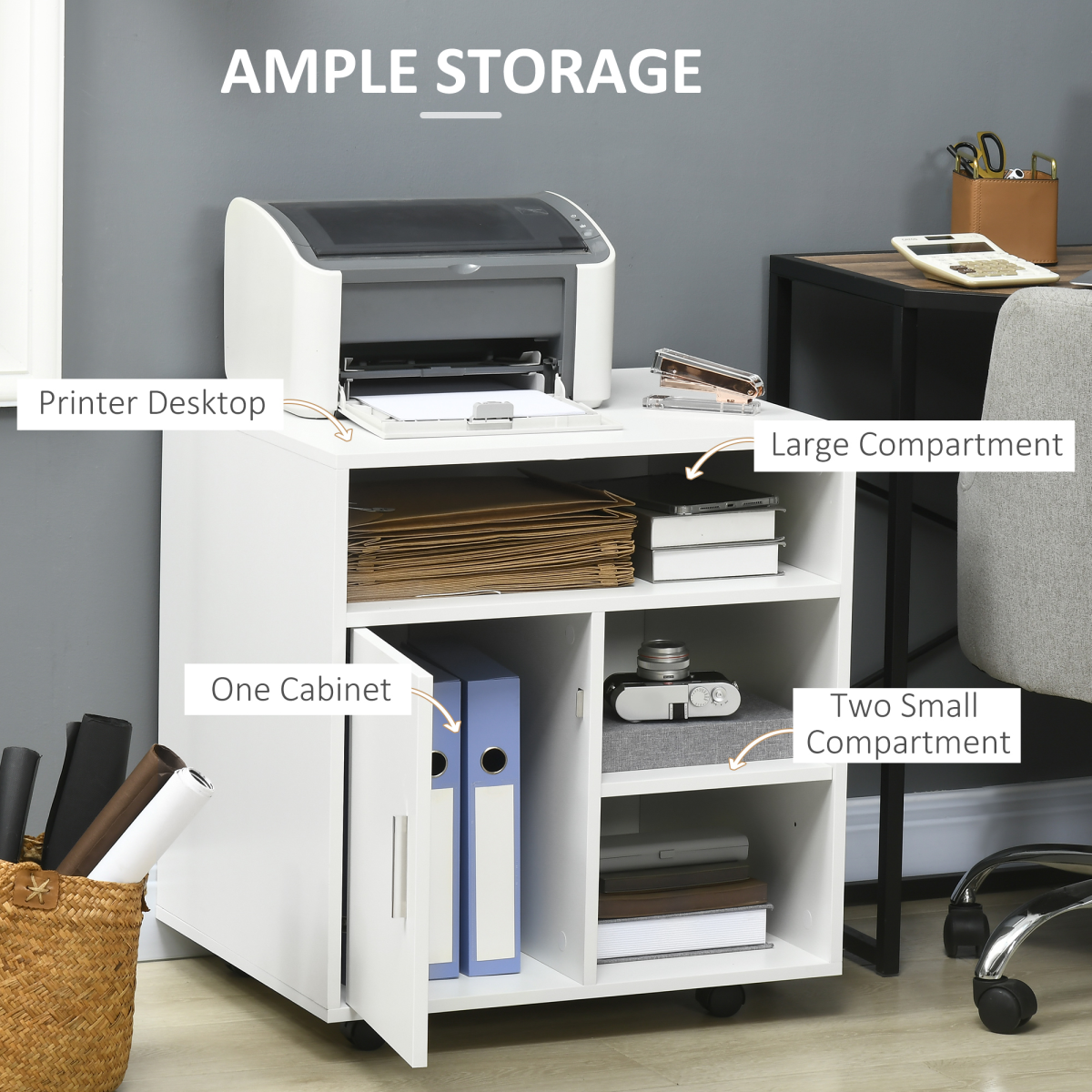 Multi-Storage Printer Unit for Office Organisation with 5 Compartments and Wheels