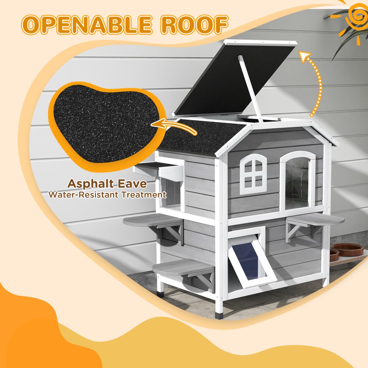 PawHut Large Fir Wood 2-Floor Cat Condo with Openable Roof, Outdoor/Indoor Catio, Grey