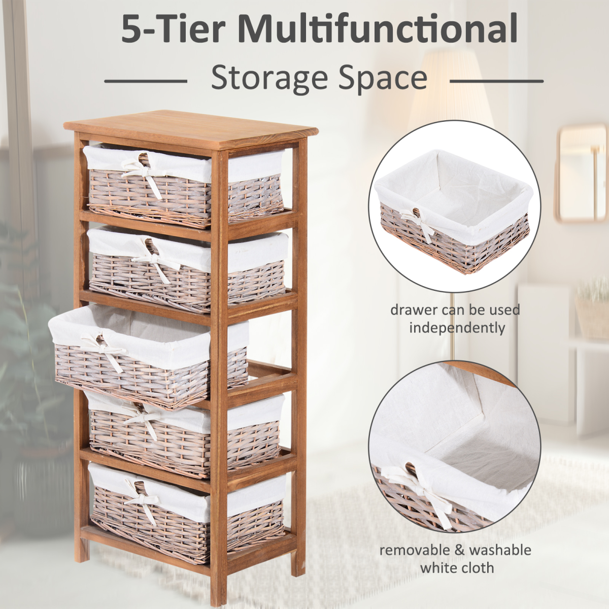 HOMCOM 5-Drawer Wooden Storage Unit with Wicker Woven Baskets and Removable Liners