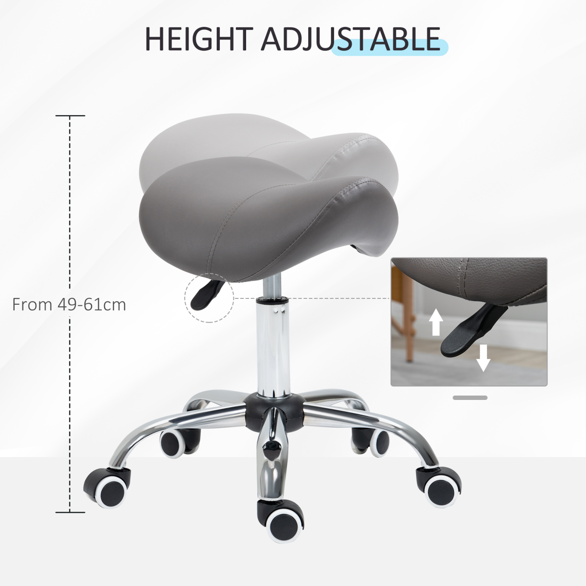 HOMCOM Grey Adjustable Saddle Stool with Padded Faux Leather Seat
