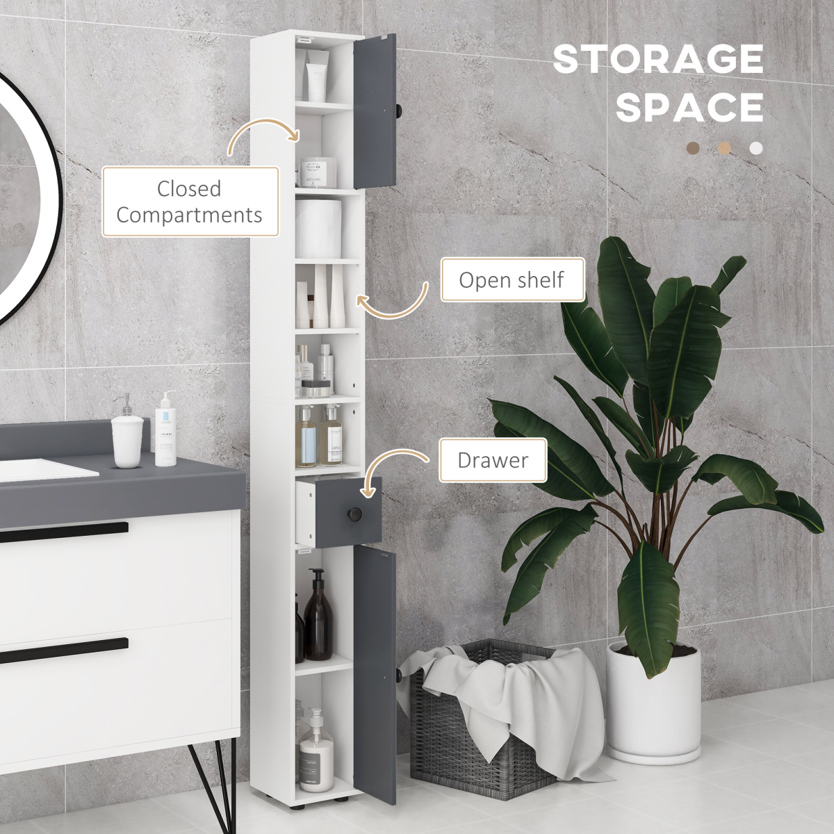 kleankin Slim Grey Bathroom Cabinet with Drawer and Open Shelves