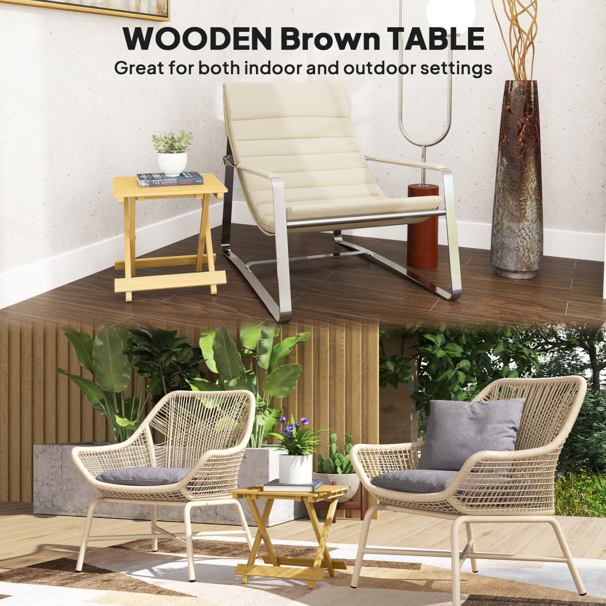 Outsunny Folding Fir Wood Garden Side Table, Nature Wood Finish
