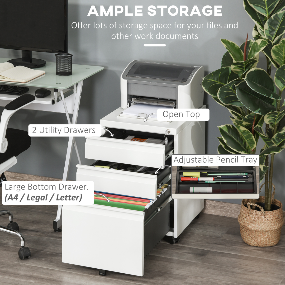 Mobile Lockable Steel Vertical File Cabinet with 3 Drawers and 5 Wheels