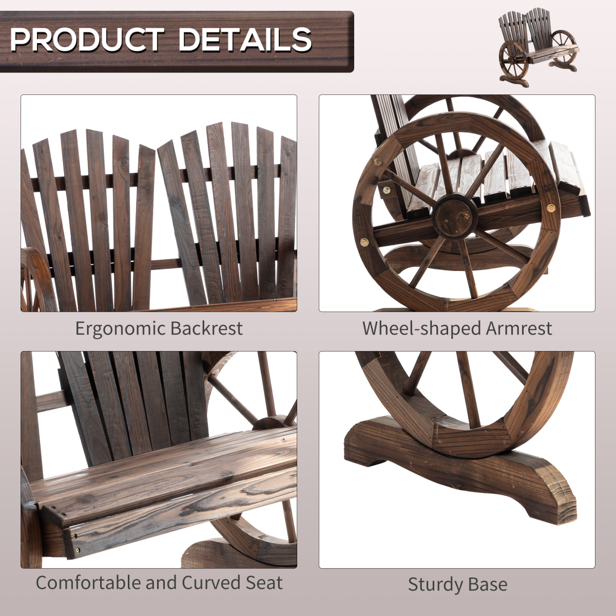2 Seater Garden Bench with Wheel-Shaped Armrests, Carbonized Colour