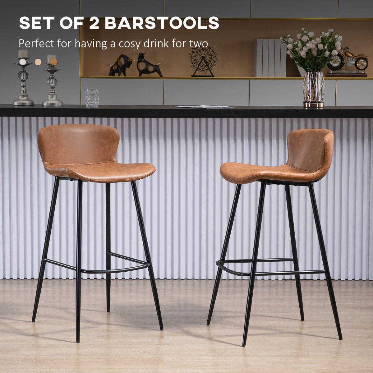 HOMCOM Set of 2 PU Leather Bar Stools with Backrest and Steel Legs